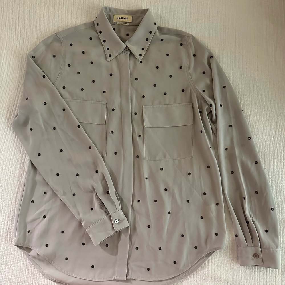 L'AGENCE Gray Chiffon Button Blouse with metal grommets - size XS